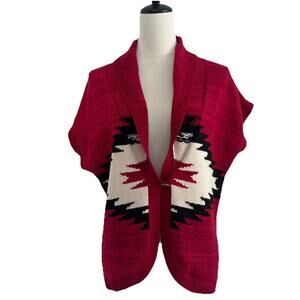 Chaps Cardigan Sweater Womens Lg Red One Button Short Sleeves Southwestern Aztec